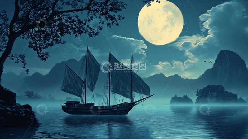 高清大图下载【趣麦麦图】月影风帆背景意境月色