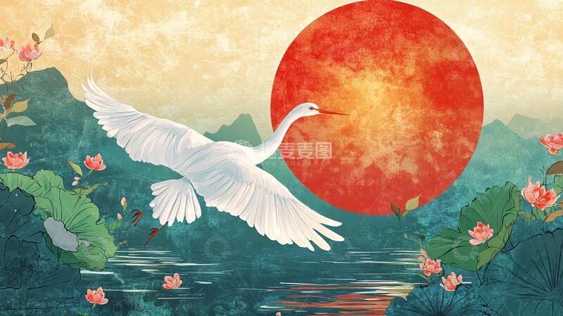 高清大图下载【趣麦麦图】旭日东升仙鹤插画10