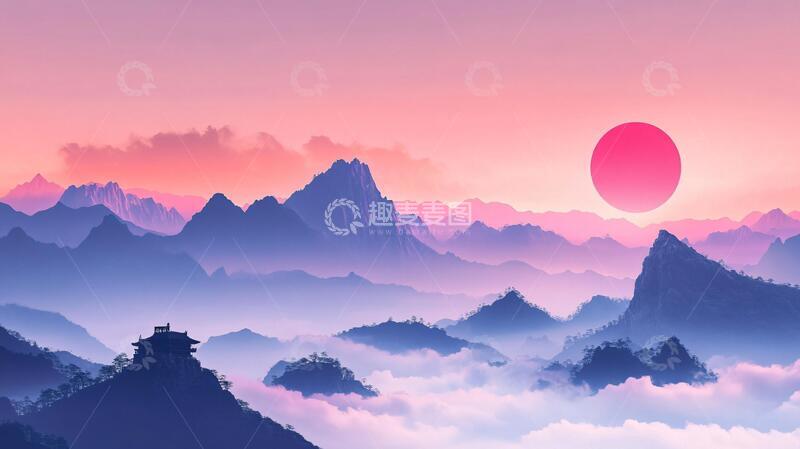 高清大图下载【趣麦麦图】红日水墨山水105