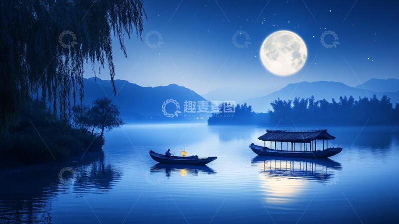 高清大图下载【趣麦麦图】清波满月月色意境清波