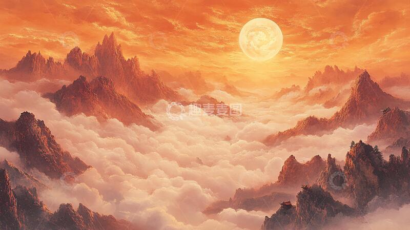 高清大图下载【趣麦麦图】红日水墨山水102