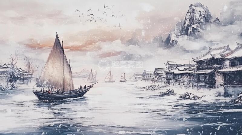 高清大图下载【趣麦麦图】孤舟插画插画古风水彩
