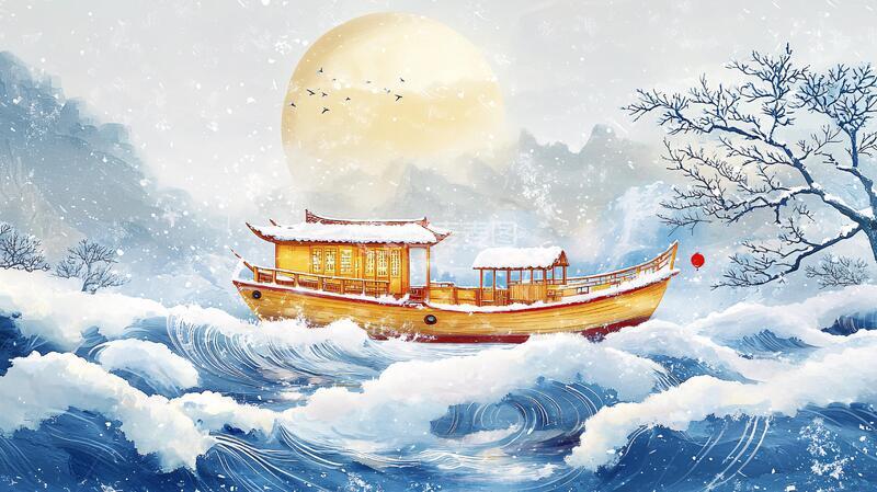 高清大图下载【趣麦麦图】孤舟插画插画古风雪景