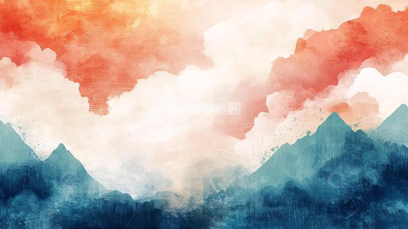 高清大图下载【趣麦麦图】彩色水墨群山背景墙2