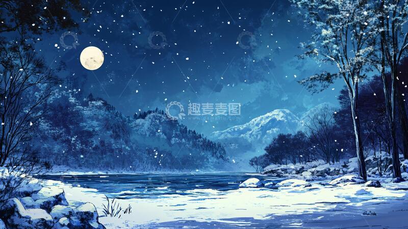 高清大图下载【趣麦麦图】手绘雪夜风景无框画4