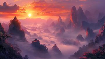 迎客松日出意境古风仙境