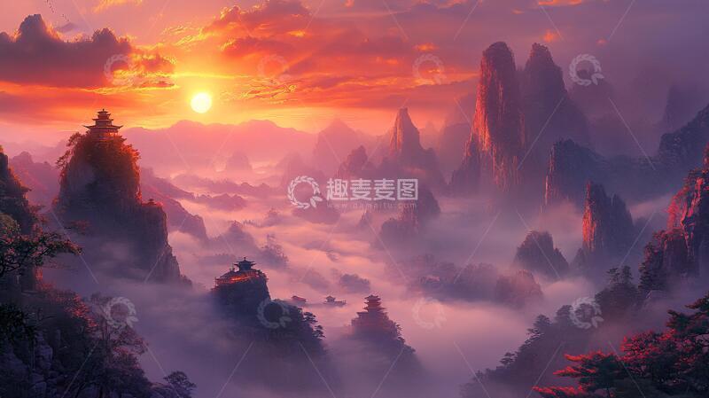 高清大图下载【趣麦麦图】迎客松日出意境古风仙境