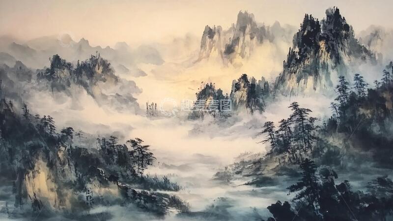 高清大图下载【趣麦麦图】彩墨山水油画中式粉彩