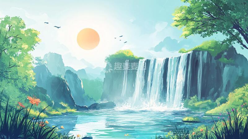 高清大图下载【趣麦麦图】黄果树瀑布插画
