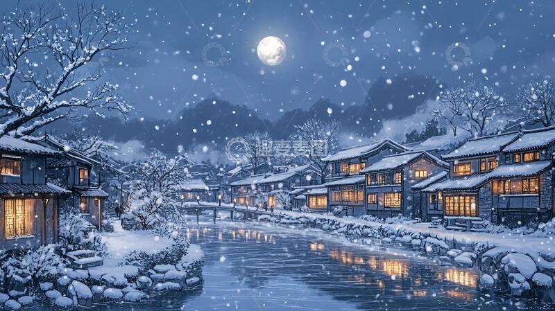 高清大图下载【趣麦麦图】手绘雪夜风景无框画6