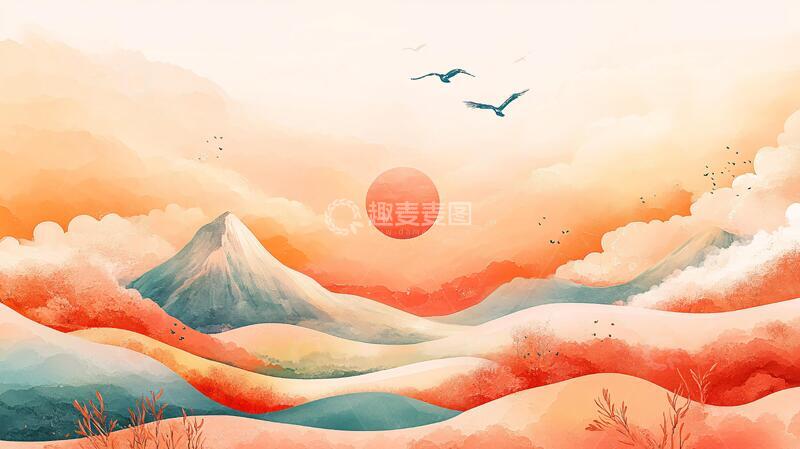 高清大图下载【趣麦麦图】插画红日插画意境山水