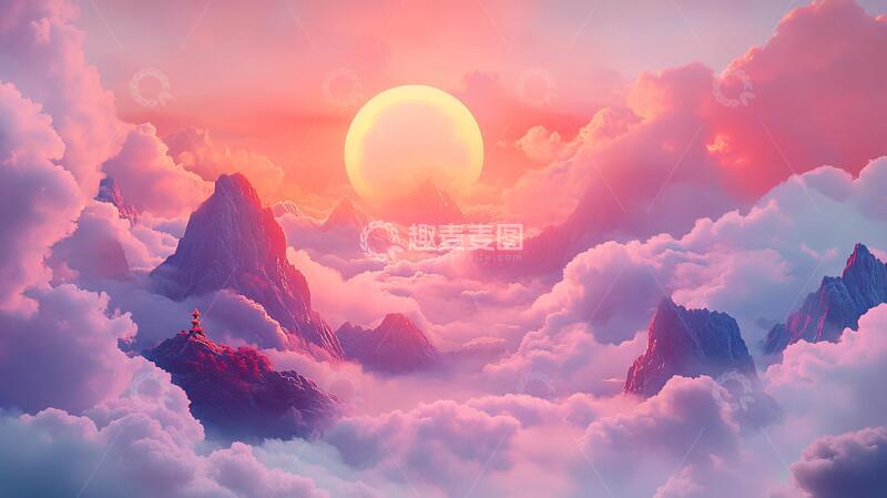 高清大图下载【趣麦麦图】云海山脉红日插画背景