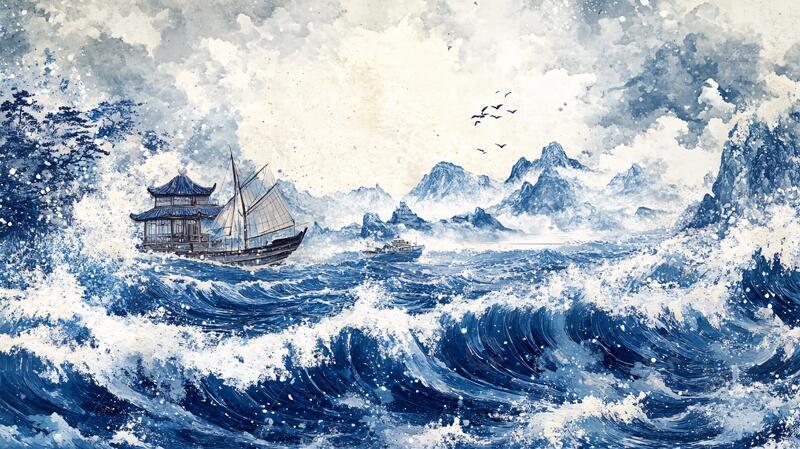 高清大图下载【趣麦麦图】古风海浪包装插画10