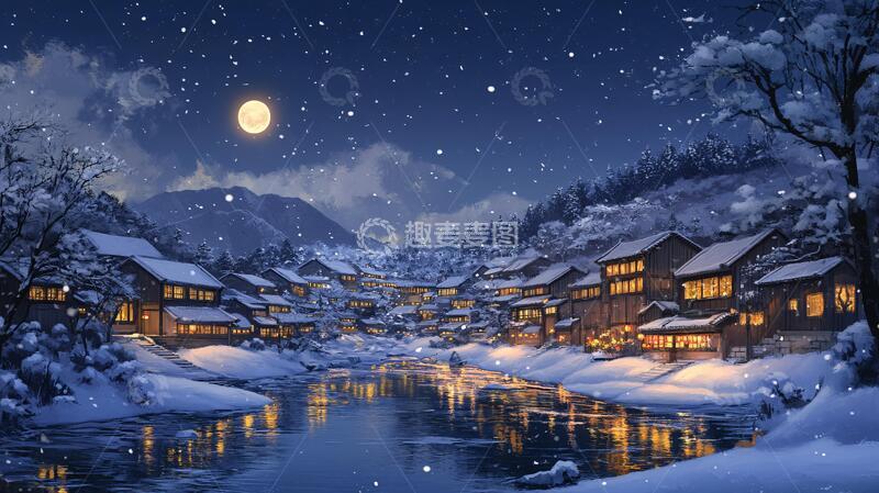 高清大图下载【趣麦麦图】手绘雪夜风景无框画5