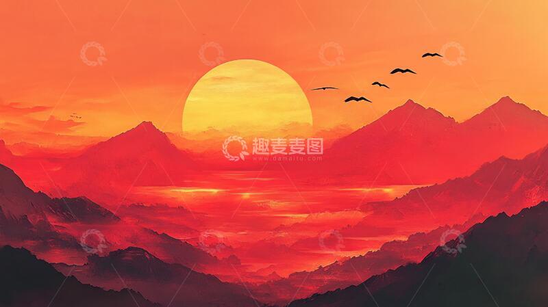 高清大图下载【趣麦麦图】插画红日插画红日落日2
