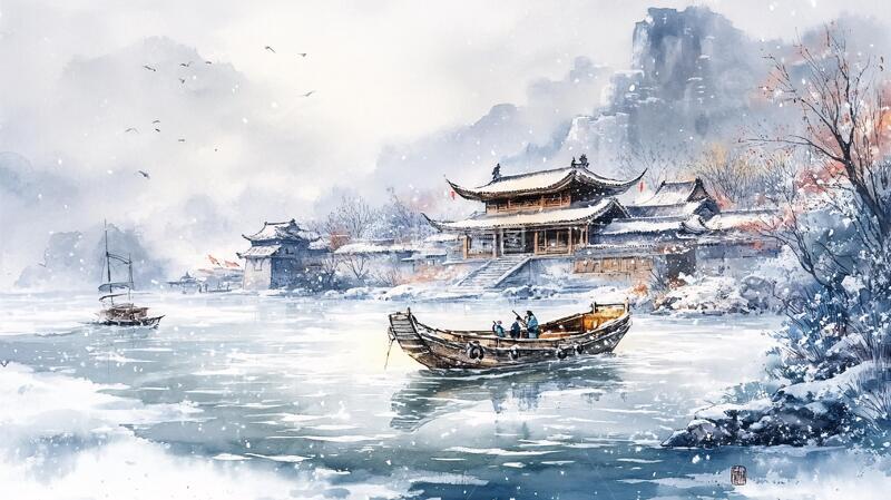 高清大图下载【趣麦麦图】插画横店水彩水墨山水3