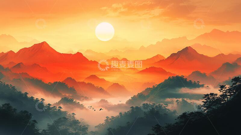 高清大图下载【趣麦麦图】红日水墨山水100