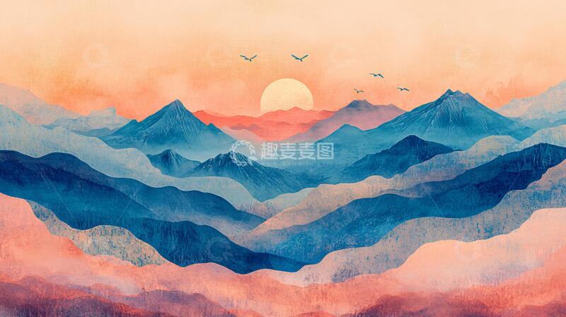 高清大图下载【趣麦麦图】山意境插画插画意境日落1