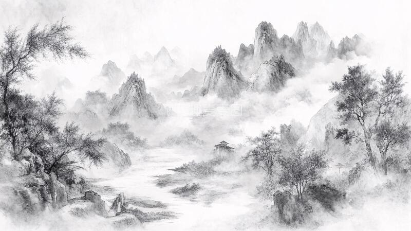 高清大图下载【趣麦麦图】烟墨山水画中式数字全景