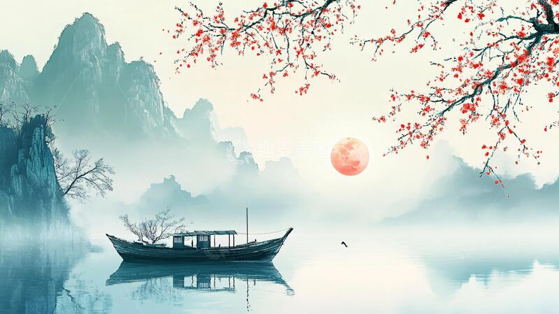 高清大图下载【趣麦麦图】新中式禅意山水船1