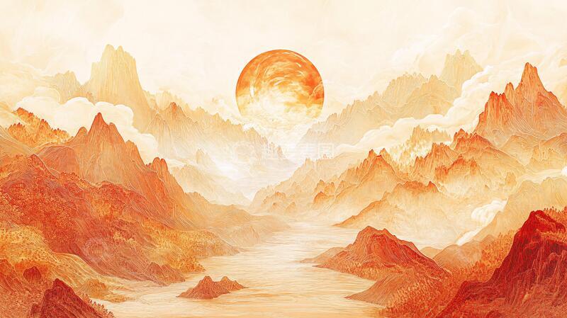 高清大图下载【趣麦麦图】丹霞插画插画中式金色