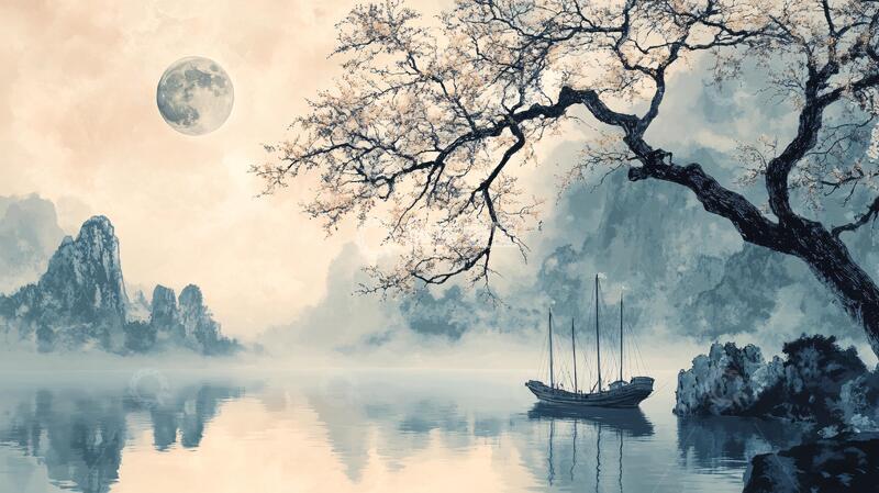 高清大图下载【趣麦麦图】新中式水墨湖山秋月3