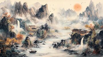 山水画秋景秋景中式古风