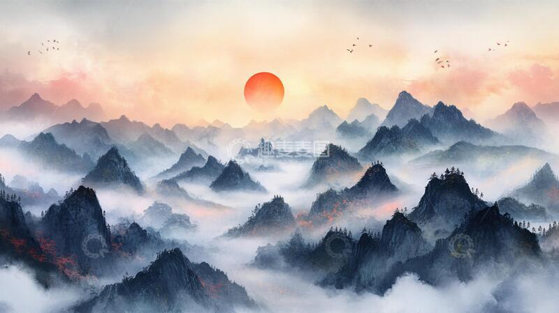 高清大图下载【趣麦麦图】红日水墨山水97