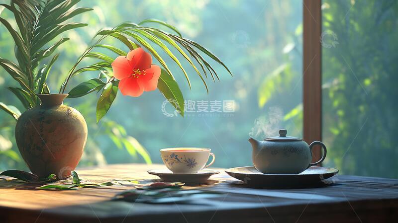 高清大图下载【趣麦麦图】窗边的茶壶时光茶具场景