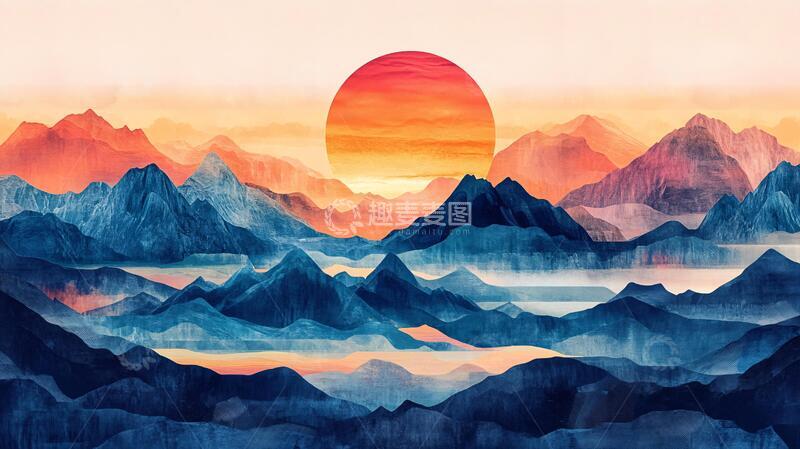 高清大图下载【趣麦麦图】红日水墨山水95