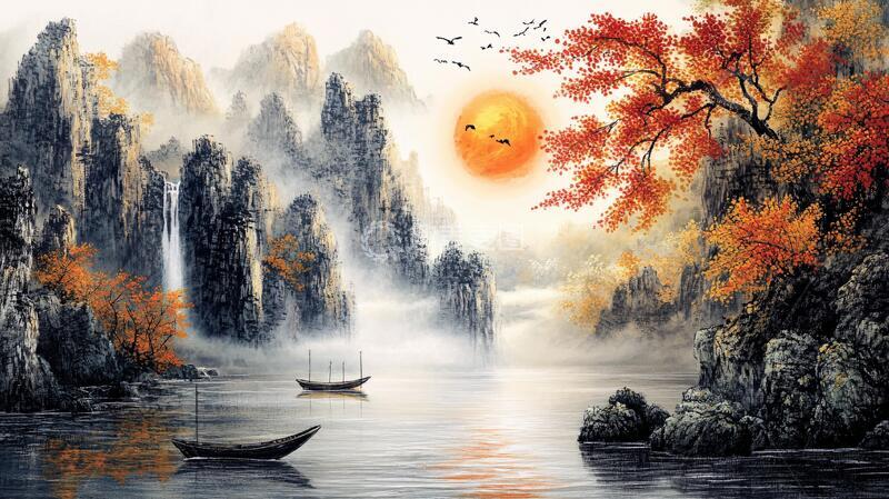 高清大图下载【趣麦麦图】金色山水壁画3