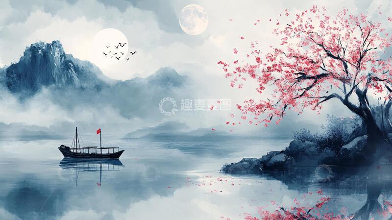 高清大图下载【趣麦麦图】新中式水墨湖山秋月2