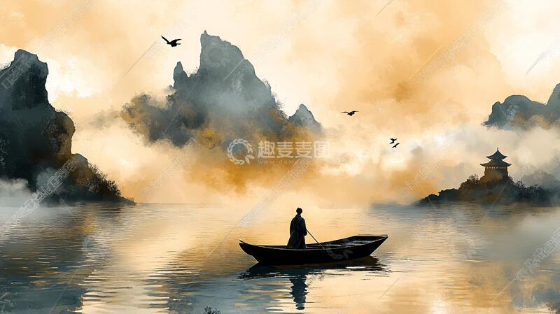 高清大图下载【趣麦麦图】山水行舟插画6