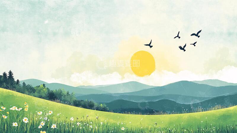 高清大图下载【趣麦麦图】蓝天白云草地插画