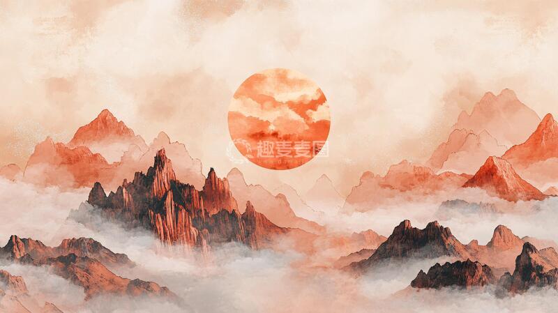 高清大图下载【趣麦麦图】红日水墨山水92