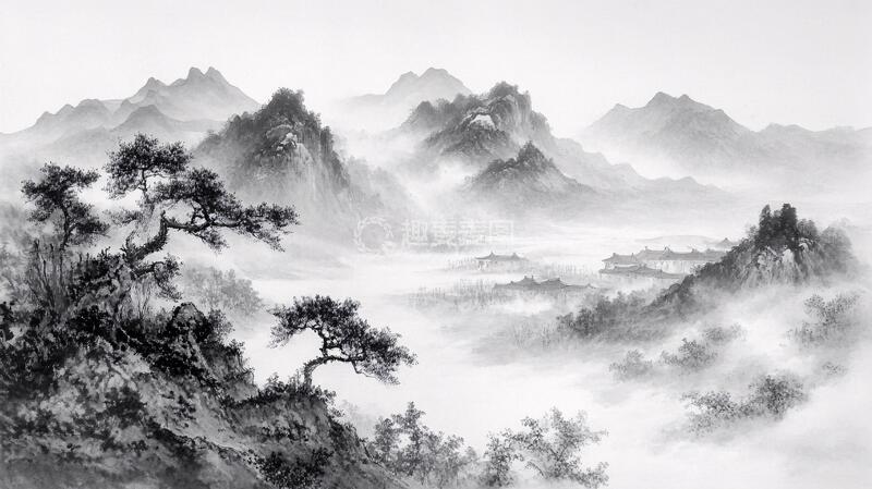 高清大图下载【趣麦麦图】水墨迎客松远山2