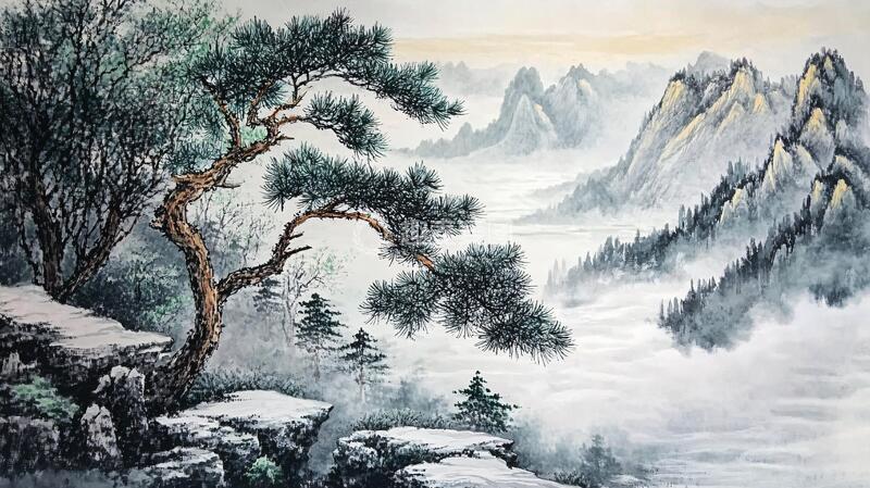 高清大图下载【趣麦麦图】迎客松油画油画巨幅水彩