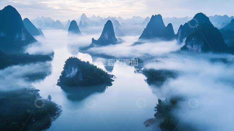 高清大图下载【趣麦麦图】梦幻漓江晨雾风光梦幻