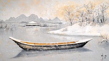 雪中小舟小船插画雪景