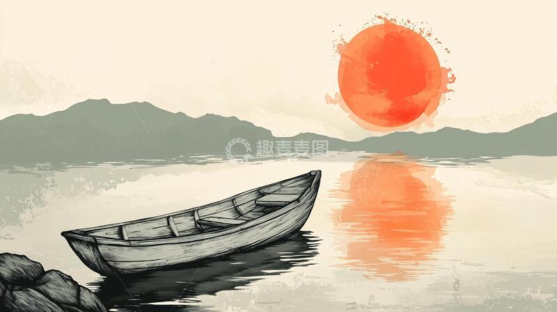高清大图下载【趣麦麦图】孤舟插画红船插画红日