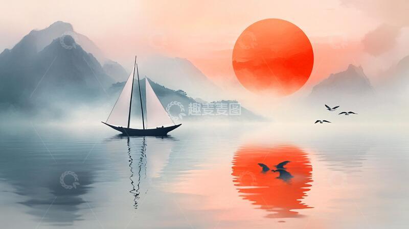 高清大图下载【趣麦麦图】红日水墨山水88
