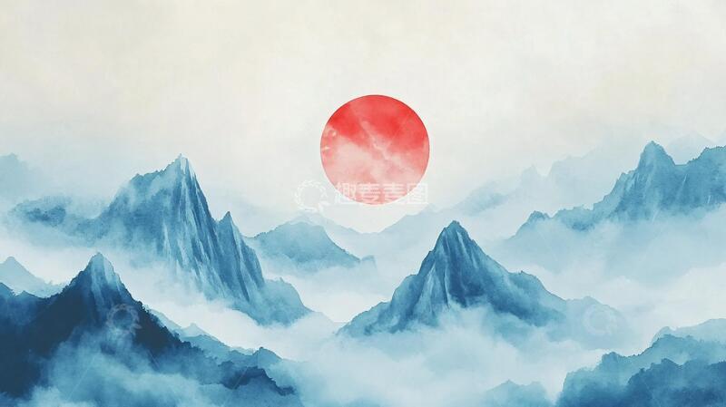 高清大图下载【趣麦麦图】红日水墨山水90