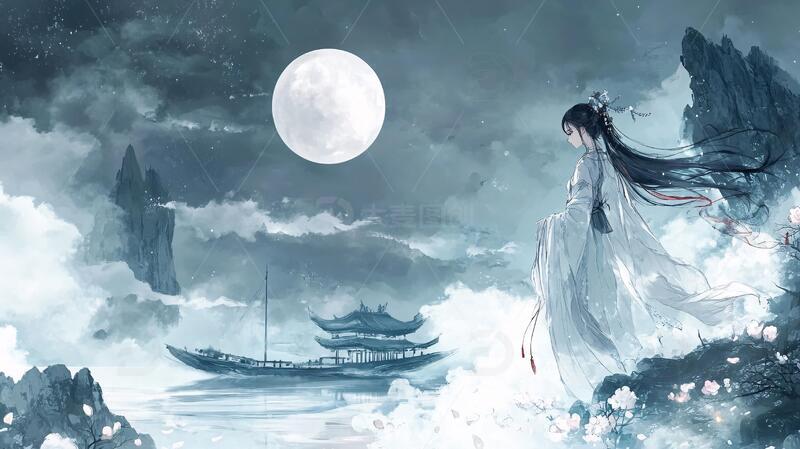 高清大图下载【趣麦麦图】月色古风古风插画少女