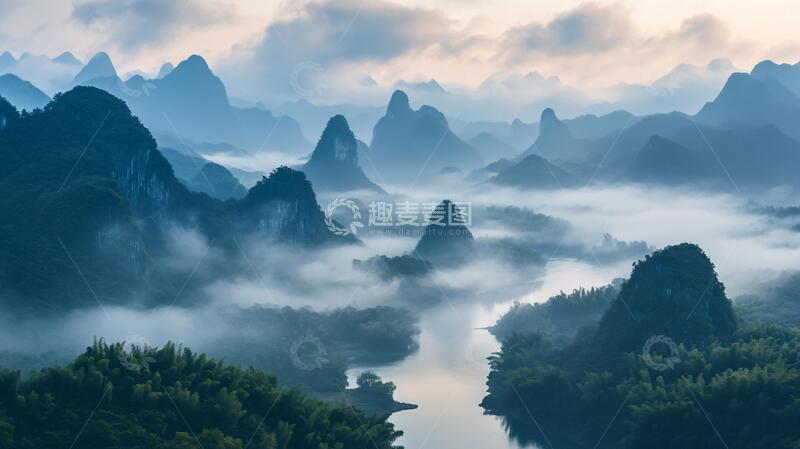 高清大图下载【趣麦麦图】广西漓江晨雾