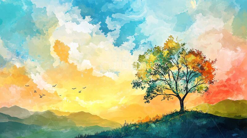 高清大图下载【趣麦麦图】树风景画插画美术绘画