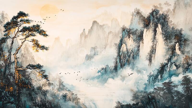 高清大图下载【趣麦麦图】迎客松意境山水画2