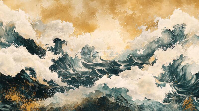 高清大图下载【趣麦麦图】浪花纹理工笔重彩风格