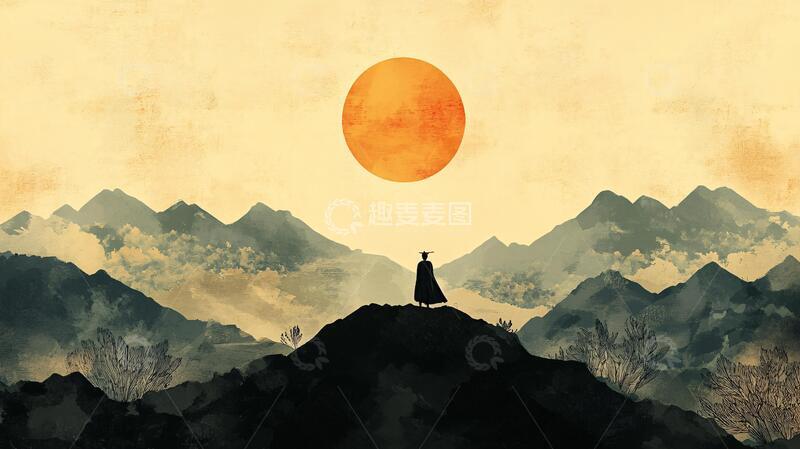 高清大图下载【趣麦麦图】红日水墨山水83