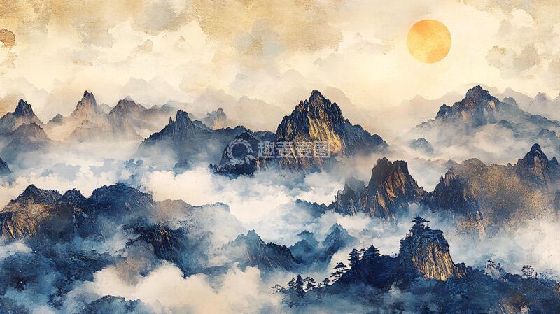 高清大图下载【趣麦麦图】红日水墨山水87