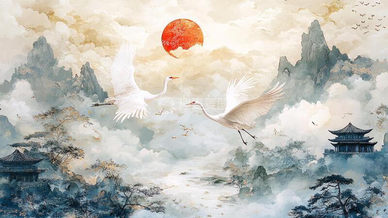 高清大图下载【趣麦麦图】仙鹤古风山水插画10